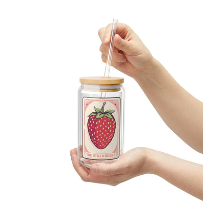 The Strawberry Tarot Card Glass Tumbler, Sipper Glass 16oz